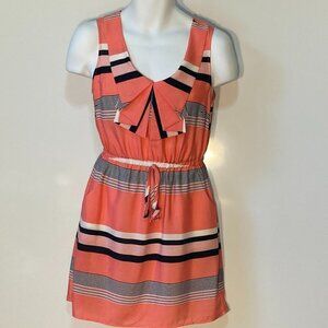 BeBop SZ M Coral, white & black stripe silky pullover dress detailed collar